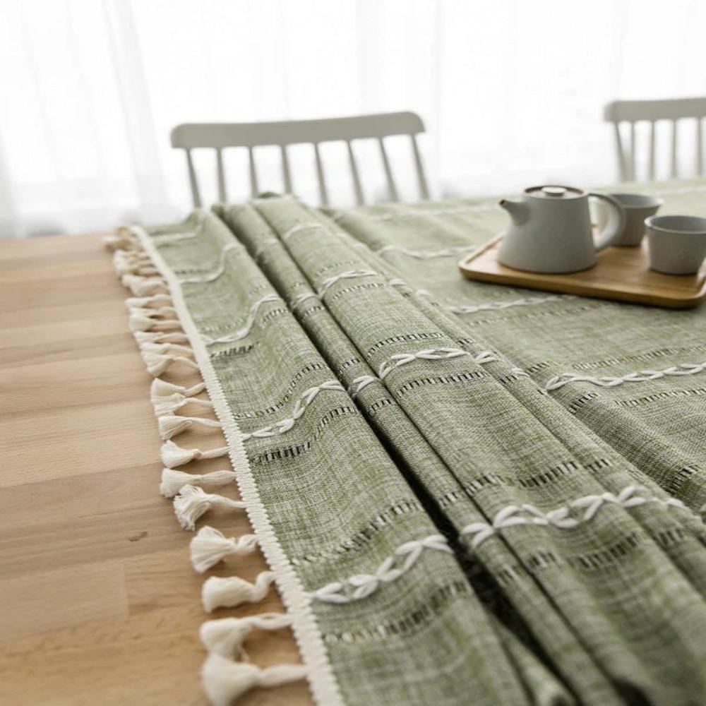 Elegant Striped Cotton Linen Tablecloth with Embroidery and Tassel Lace