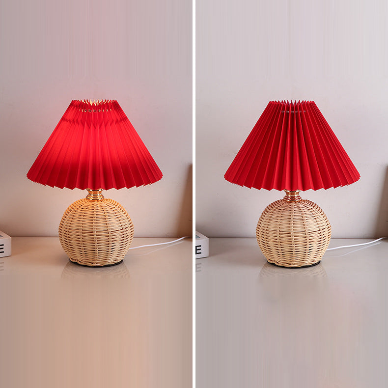 Nordic LED Table Lamp with Woven Rattan Base and Dimmable Fabric Shade