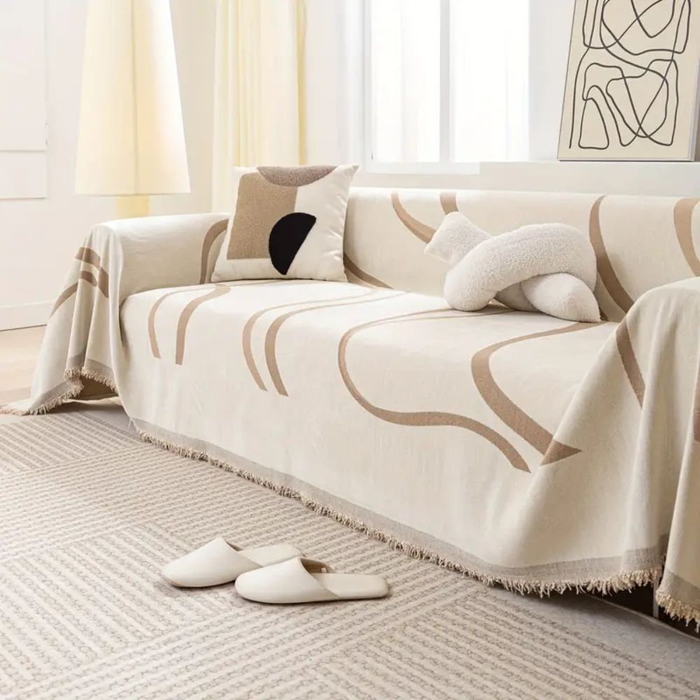 Non-Slip Wave Lines Chenille Sofa Cover with Tassels