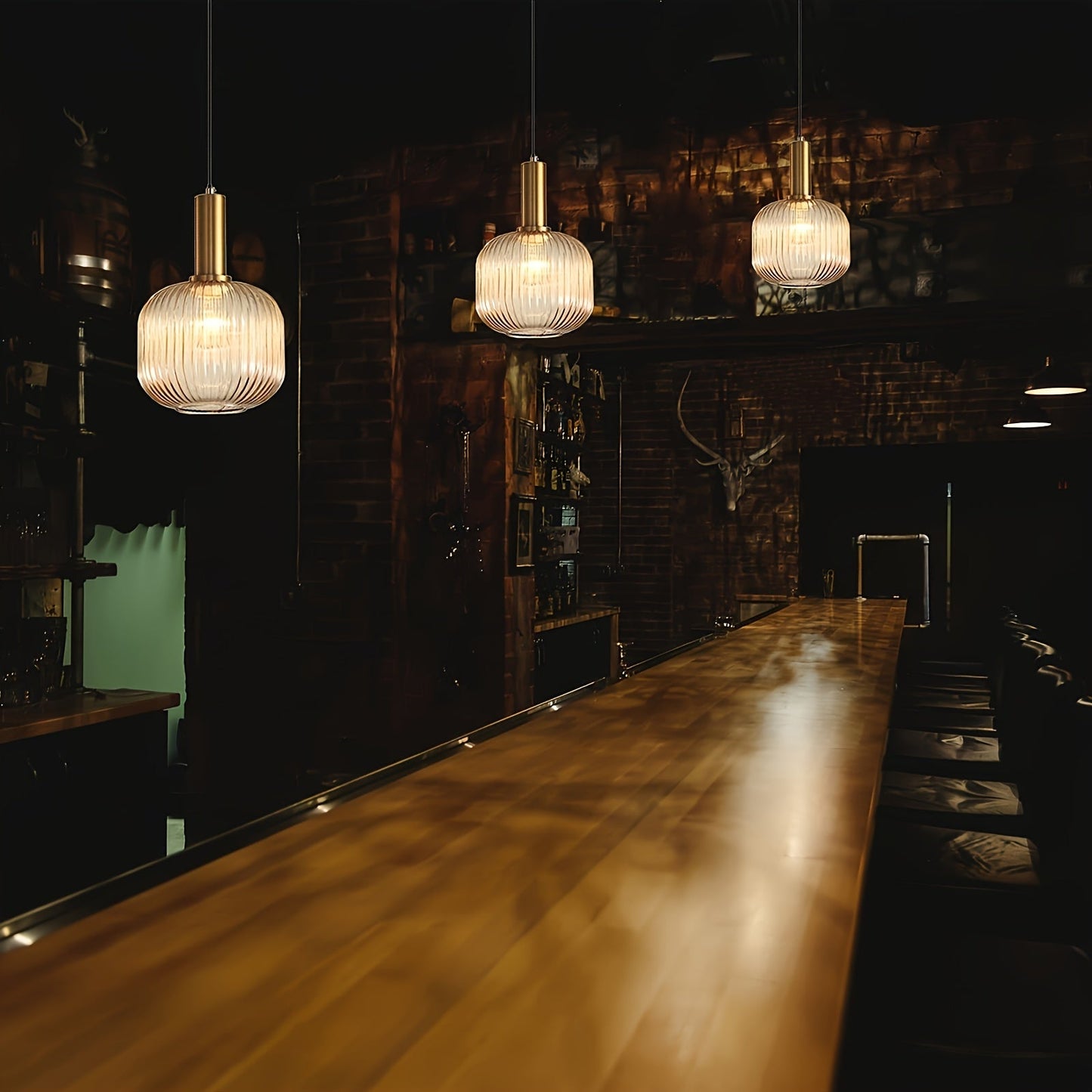 Ribbed Glass Pendant Light with Golden Finish
