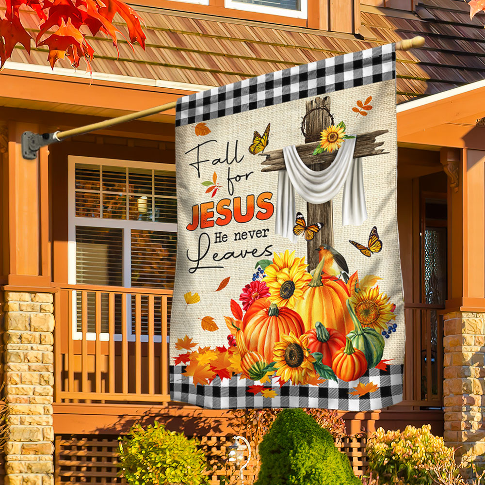 Fall Decorative Flag "Fall for Jesus He Never Leaves" Double-Sided Canvas