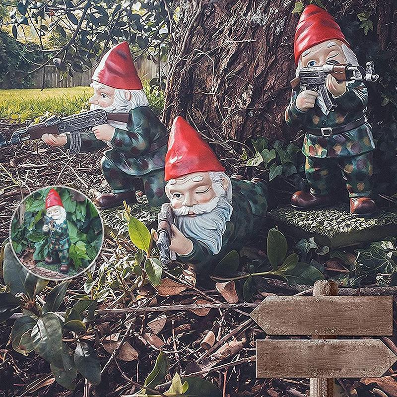 Military Garden Gnome Statue in Camouflage with AK47
