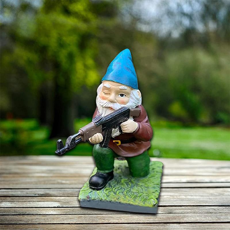 Military Garden Gnome Statue in Camouflage with AK47