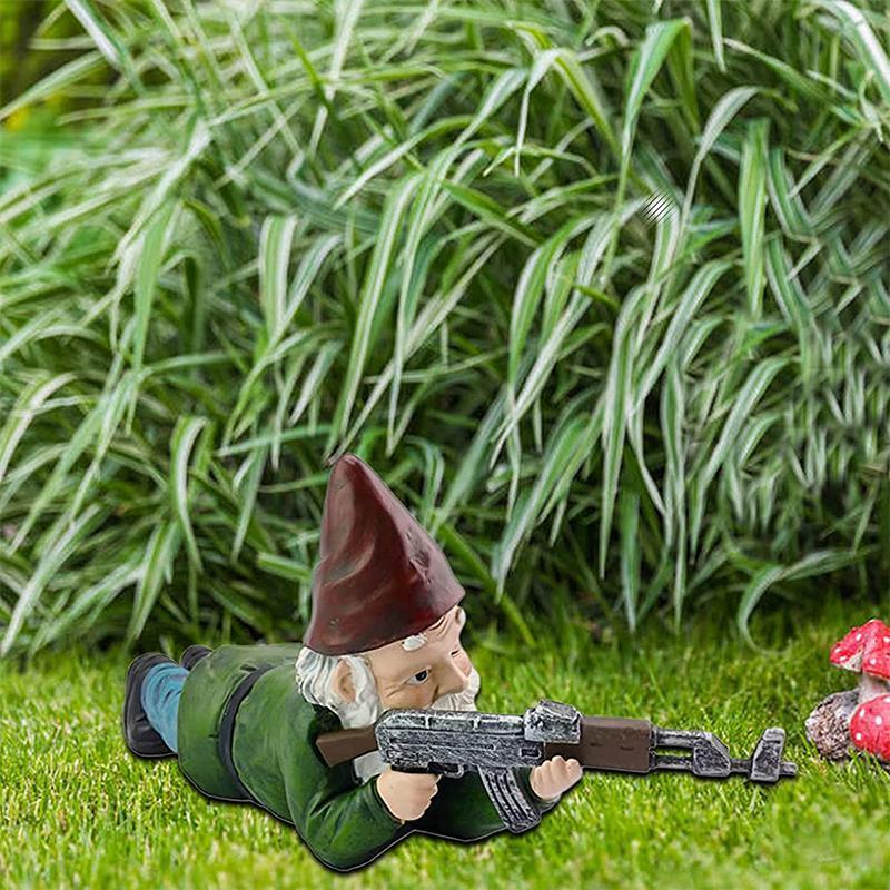 Military Garden Gnome Statue in Camouflage with AK47