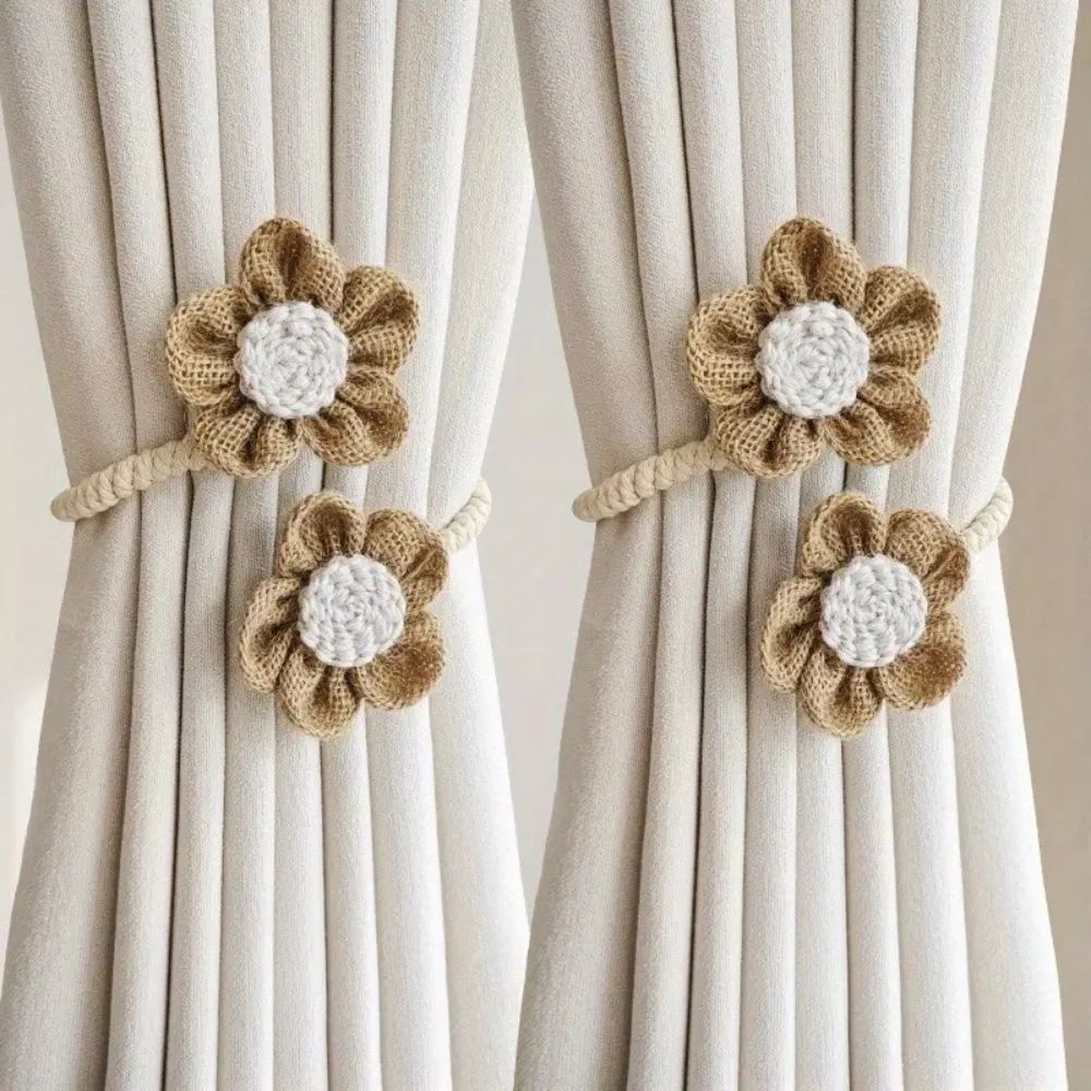 Floral Hemp Curtain Tiebacks - Rustic 2 Piece Set