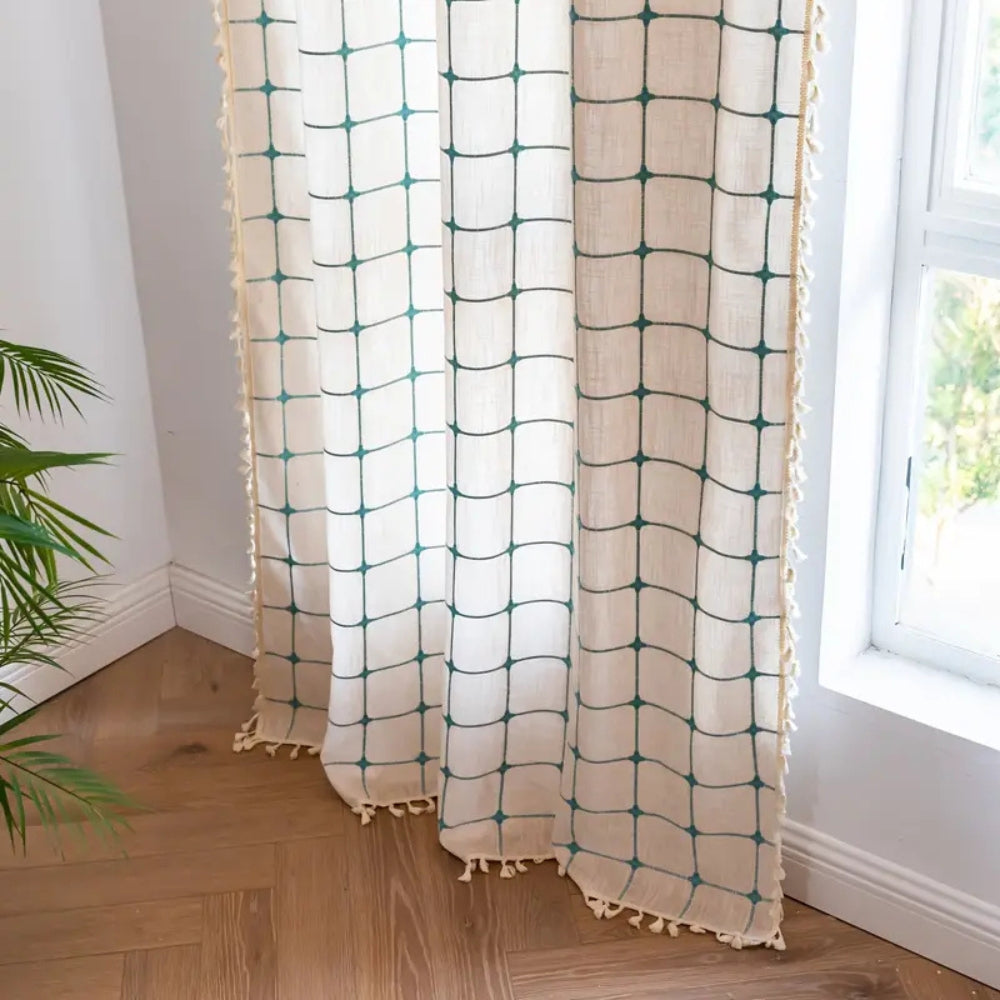 Turquoise Lattice Boho Tassel Semi-Blackout Curtain