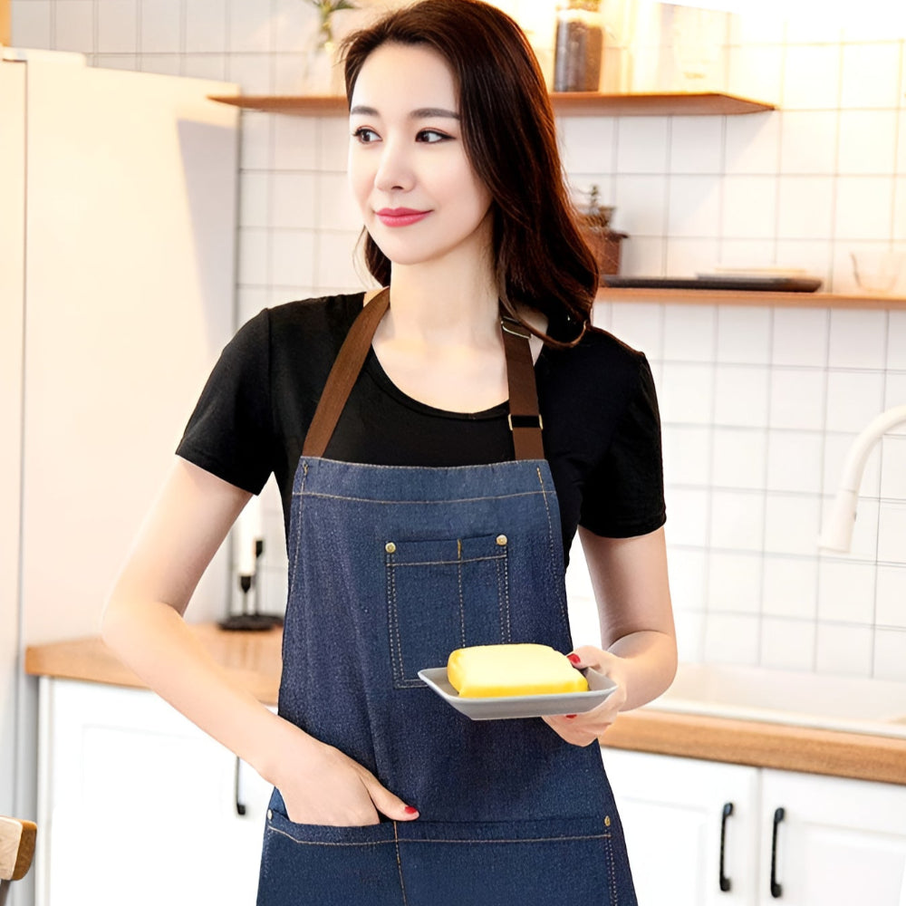 Adjustable Blue Denim Chef Apron with Front Pocket