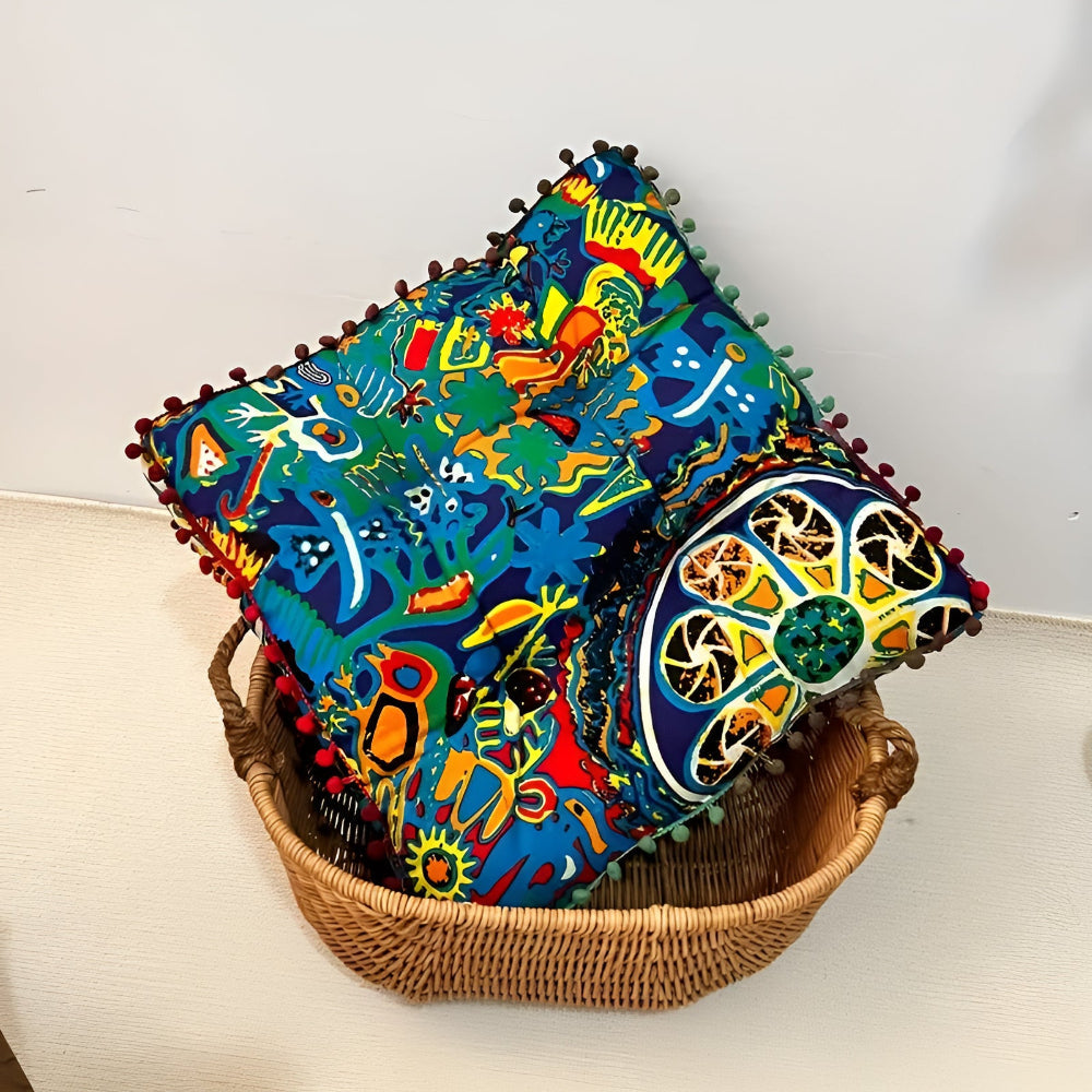 Bohemian Square Floor Cushion with Pom-Pom Edges