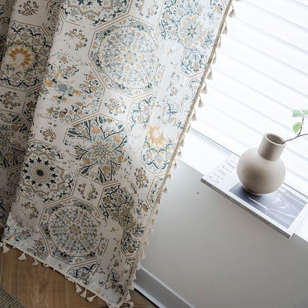 Boho Floral Tassel Curtain for Light-Filtering Privacy