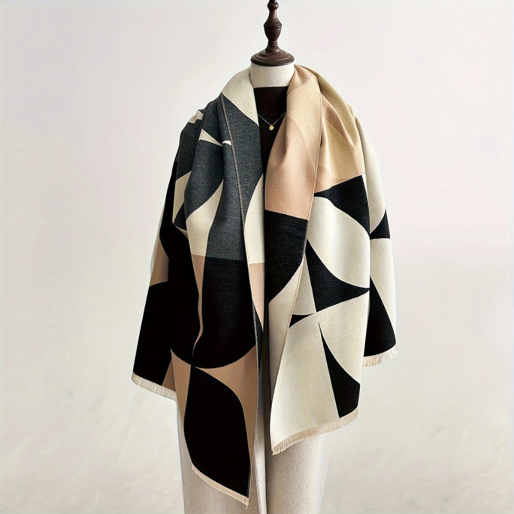 Reversible Geometric Color Block Poncho Scarf