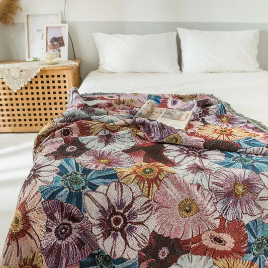 Vintage Floral Woven Blanket with Tassels