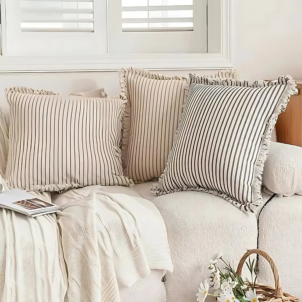 Striped Cotton-Linen Cushion Cover with Fringe
