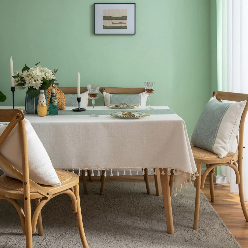 Geometric Jacquard Tablecloth with Tassel Fringe