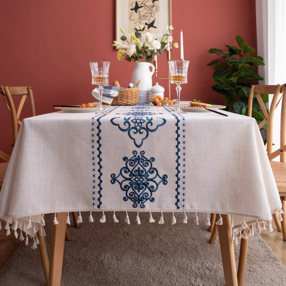 Embroidered Ivory Tablecloth with Jacquard Detailing