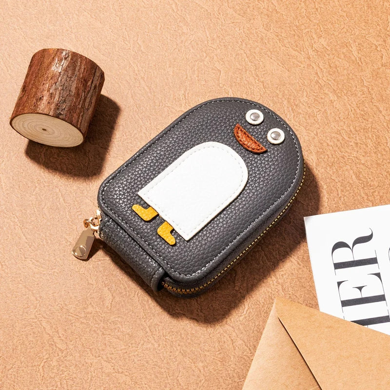 PU Leather Zipper Accordion Wallet for Credit Cards with Cute Penguin Design