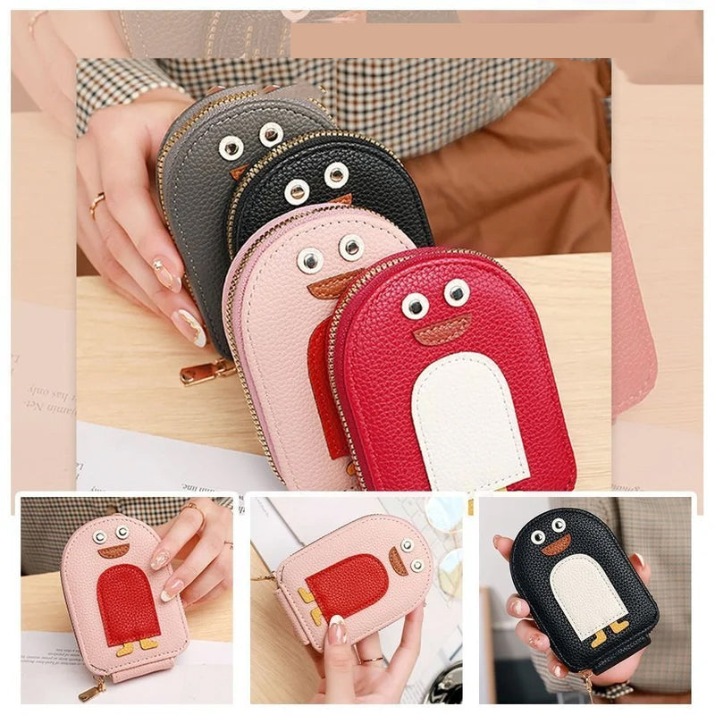 PU Leather Zipper Accordion Wallet for Credit Cards with Cute Penguin Design