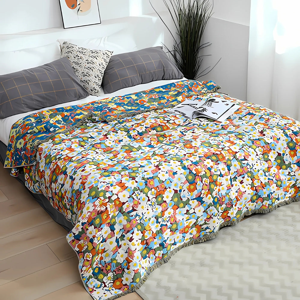 Reversible Floral Tassel Blanket in Cotton
