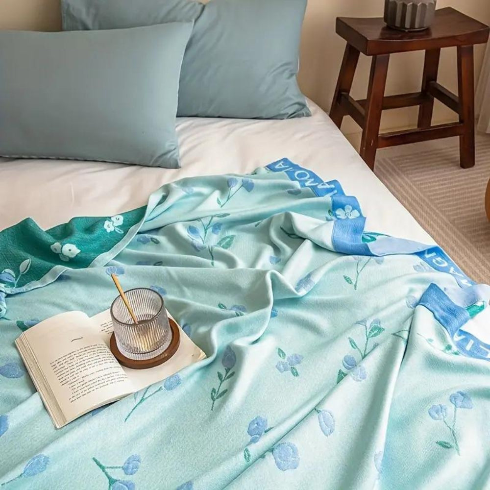 Reversible Blue Floral Bamboo Fiber Cooling Blanket