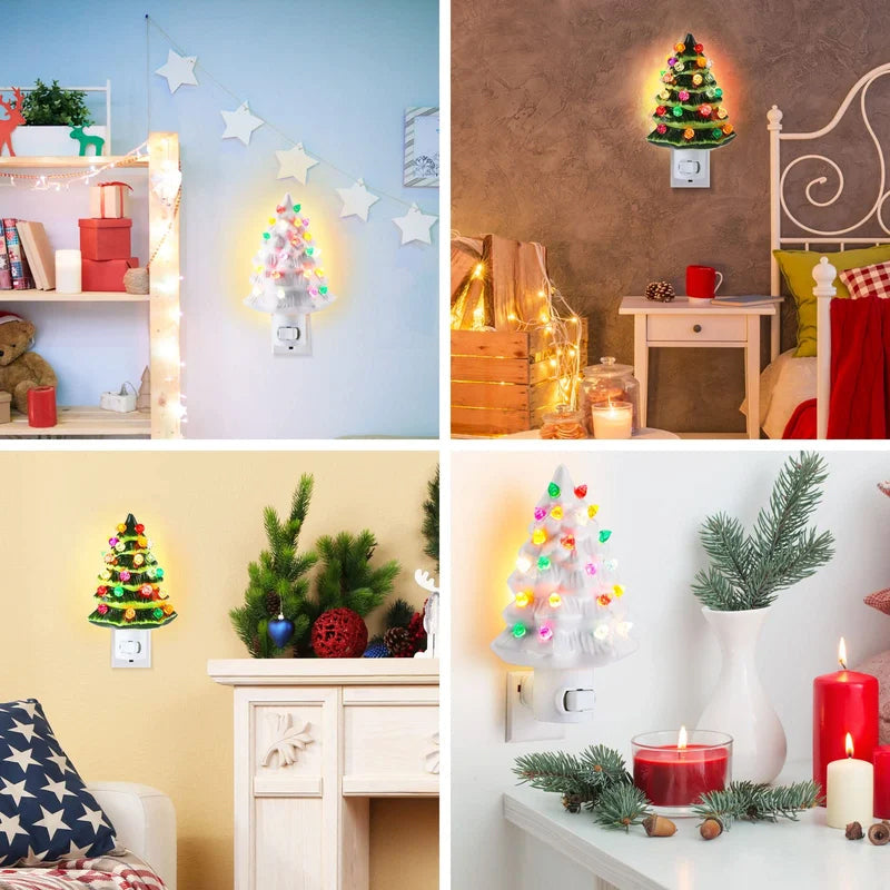 Ceramic Christmas Tree Night Light with Colorful Bulbs