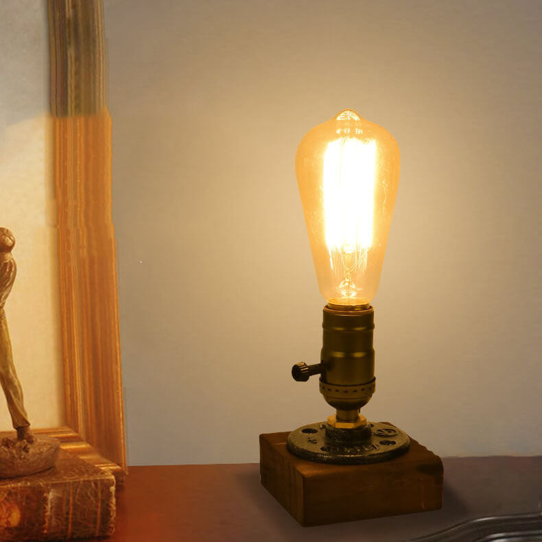 Vintage Industrial Iron Table Lamp with Pine Wood Accent