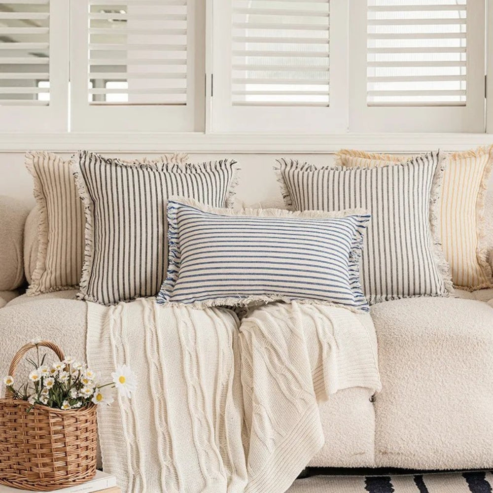 Striped Cotton-Linen Cushion Cover with Fringe