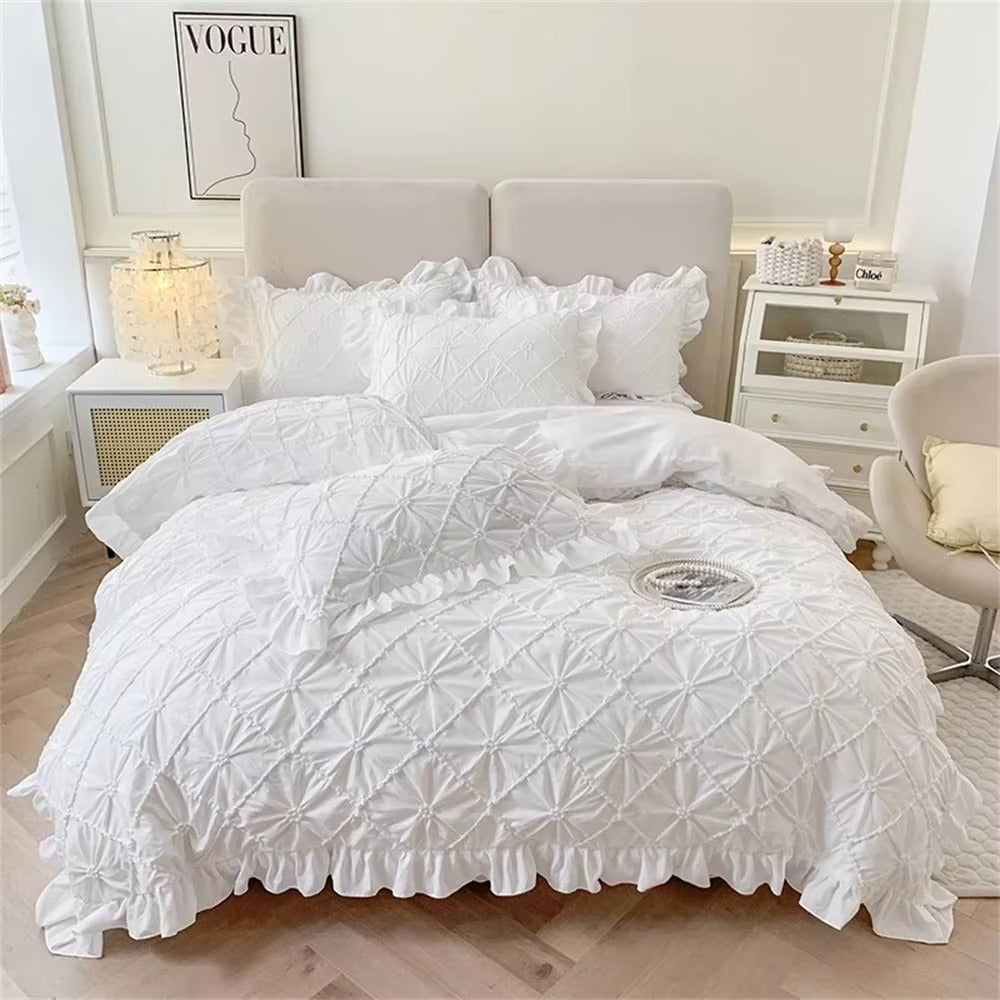 Cotton Plush Ruffle Bedding Set with Pinch Pleats