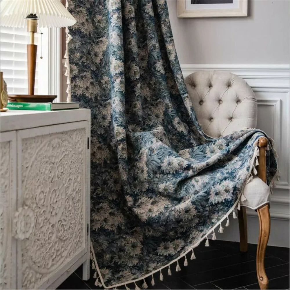Navy Floral Tassel Curtains for Boho Decor