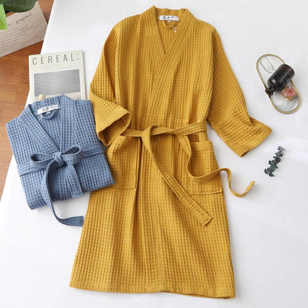 Waffle V-neck Cotton Bathrobe with Pockets