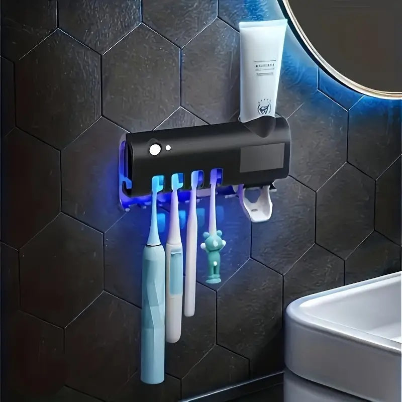 Smart UV Light Toothbrush Holder with Wall-Mounted Toothpaste Dispenser