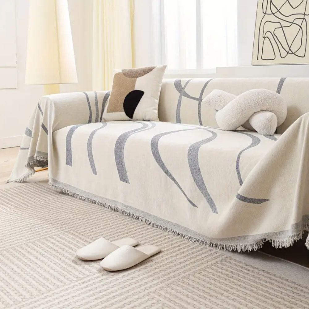 Non-Slip Wave Lines Chenille Sofa Cover with Tassels