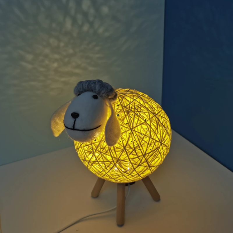 Sheep-Shaped Night Lamp with Woven Shade and Wooden Base