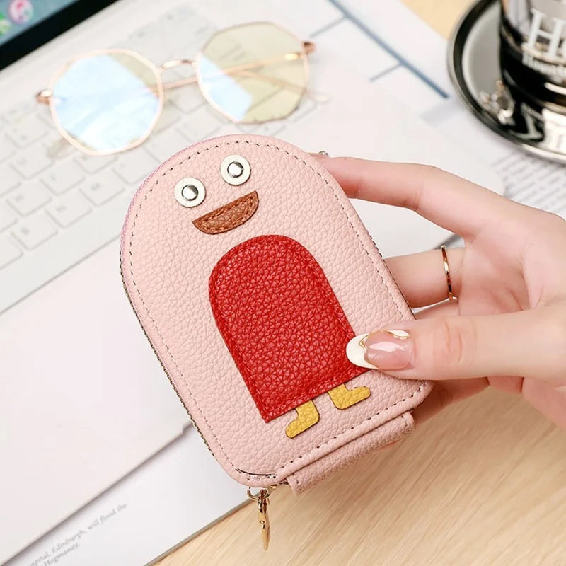PU Leather Zipper Accordion Wallet for Credit Cards with Cute Penguin Design