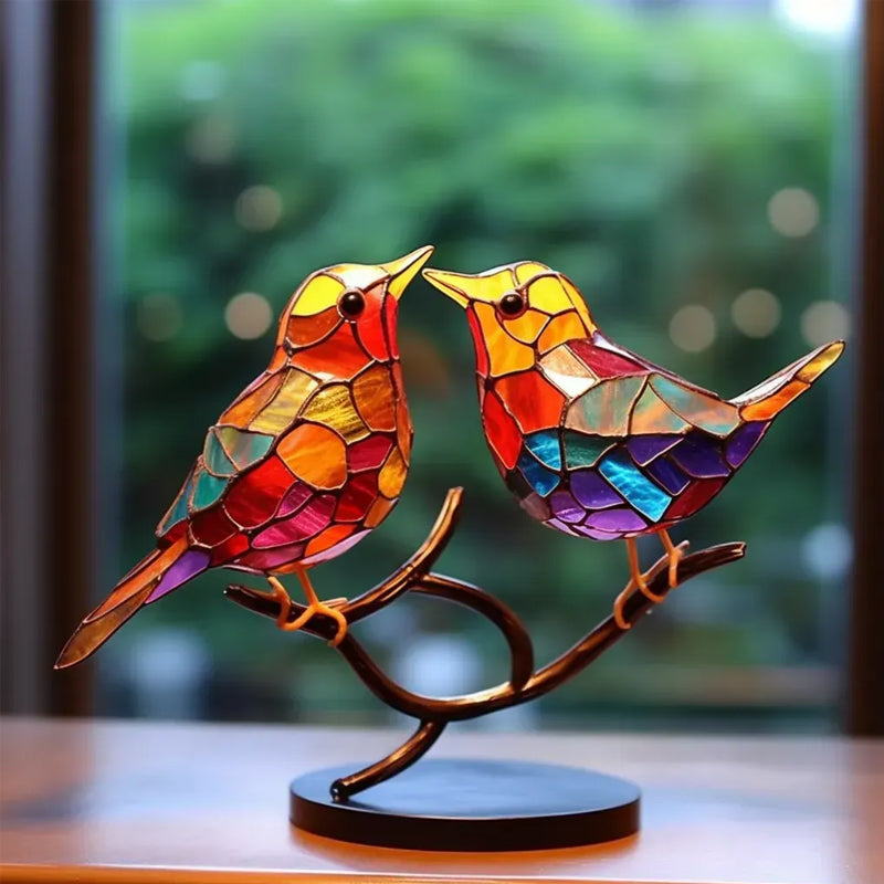 Colorful Glass Bird Ornaments on Branch