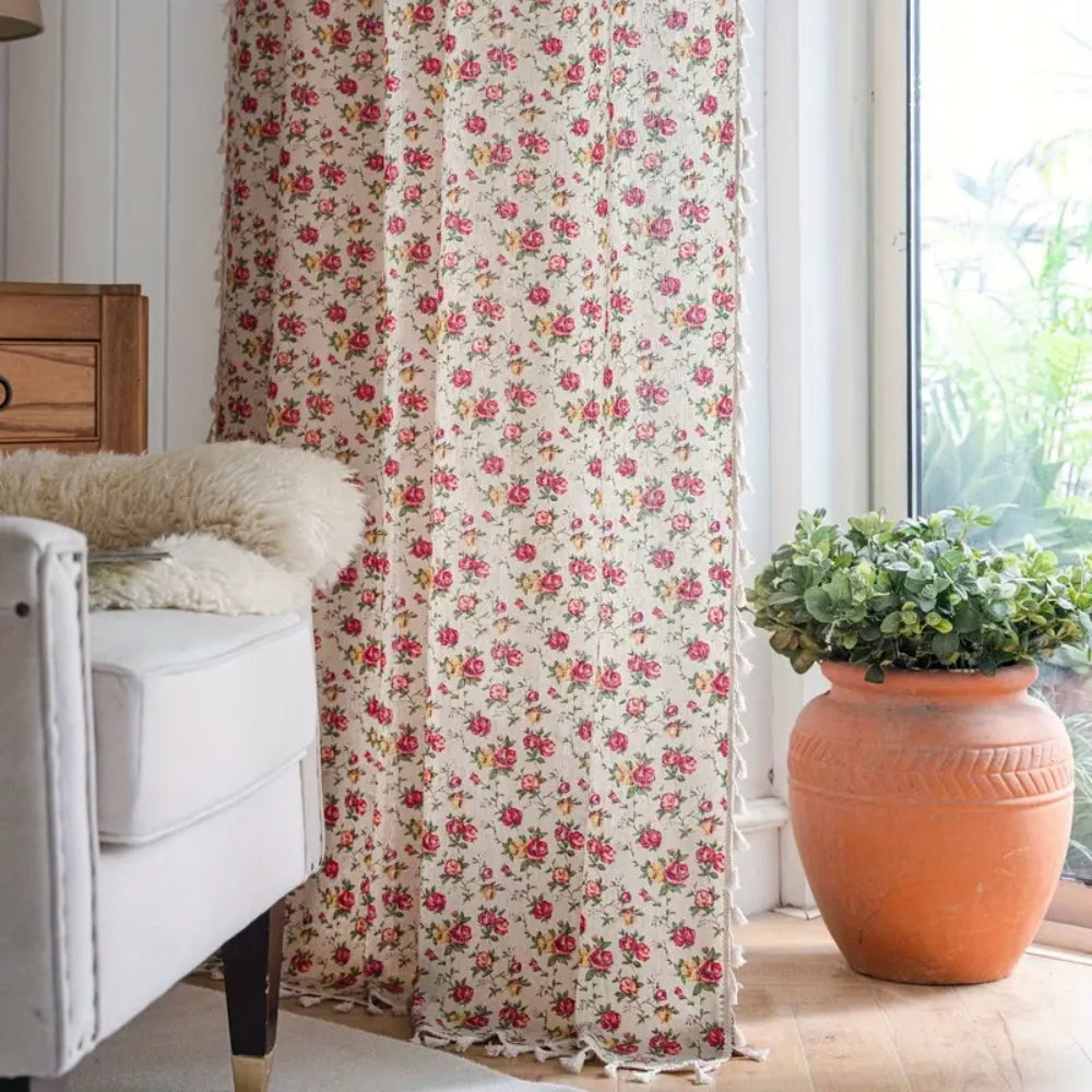 Floral Tasseled Semi-Sheer Cotton Curtain