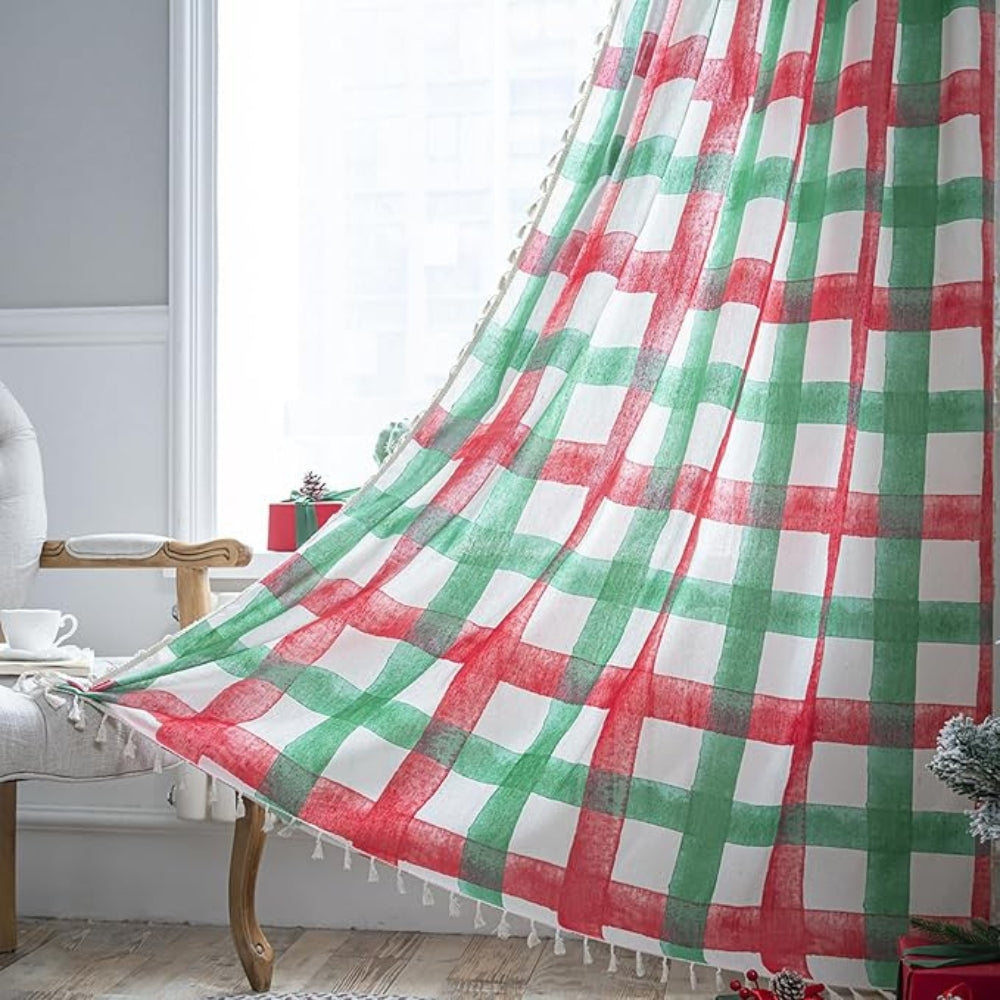 Plaid Semi-Sheer Christmas Curtain