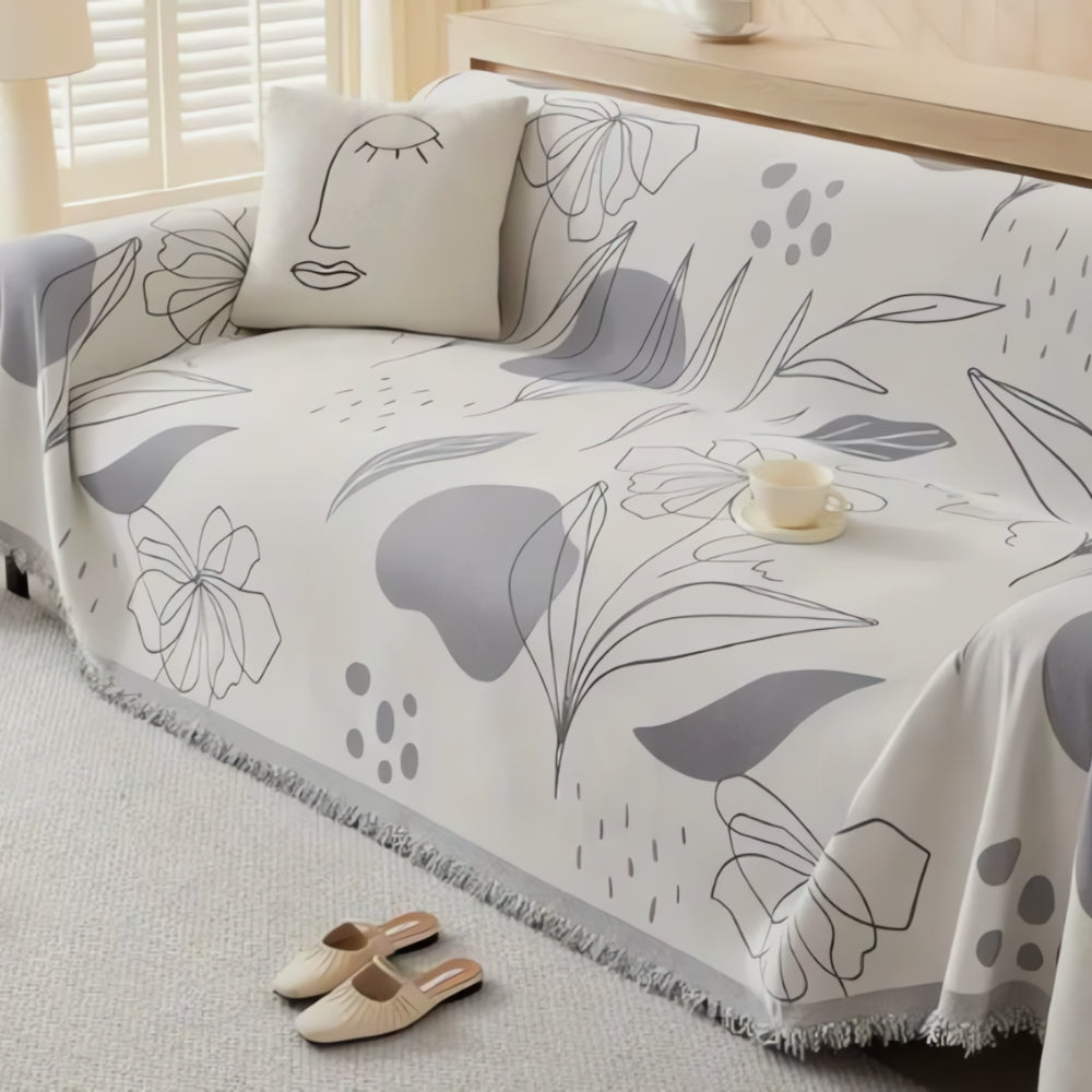 Reversible Floral Chenille Sofa Wrap with Tassels