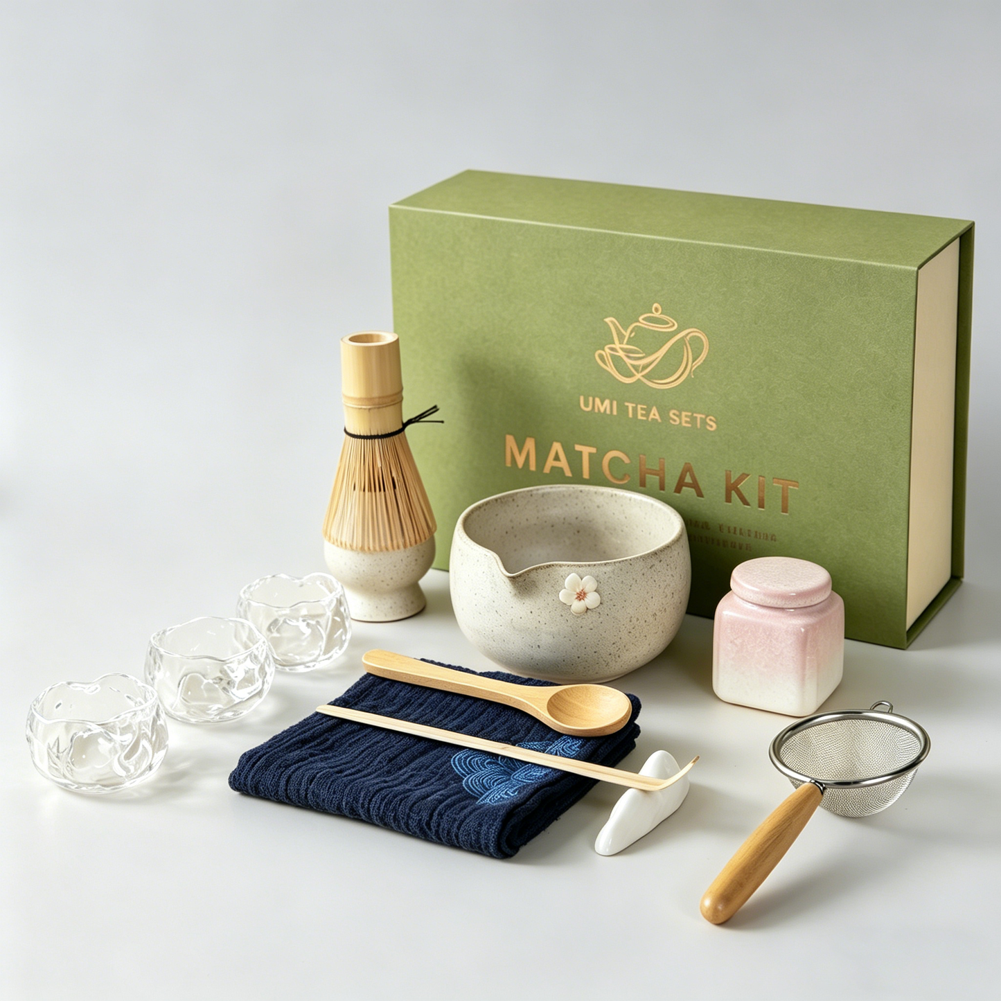 Japanese Ceramic Flower Matcha Tea Set with Bamboo Whisk