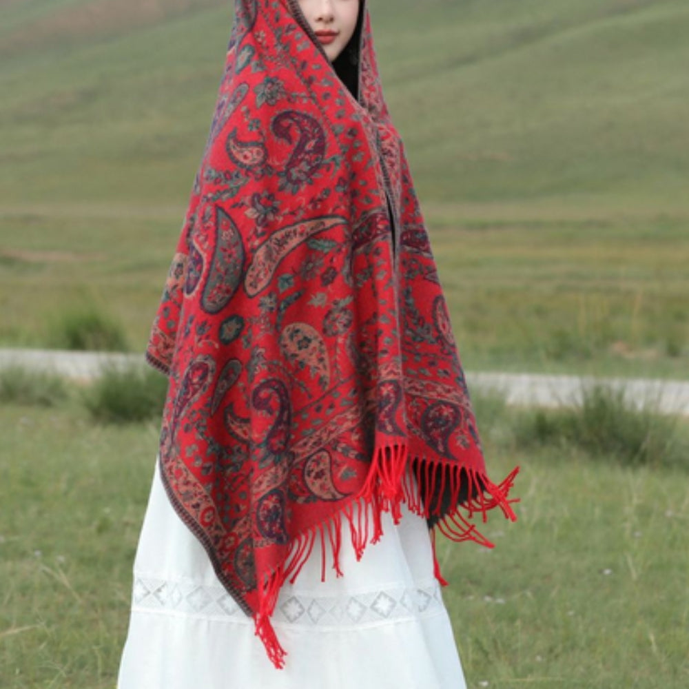 Double-Sided Paisley Poncho Shawl for Women