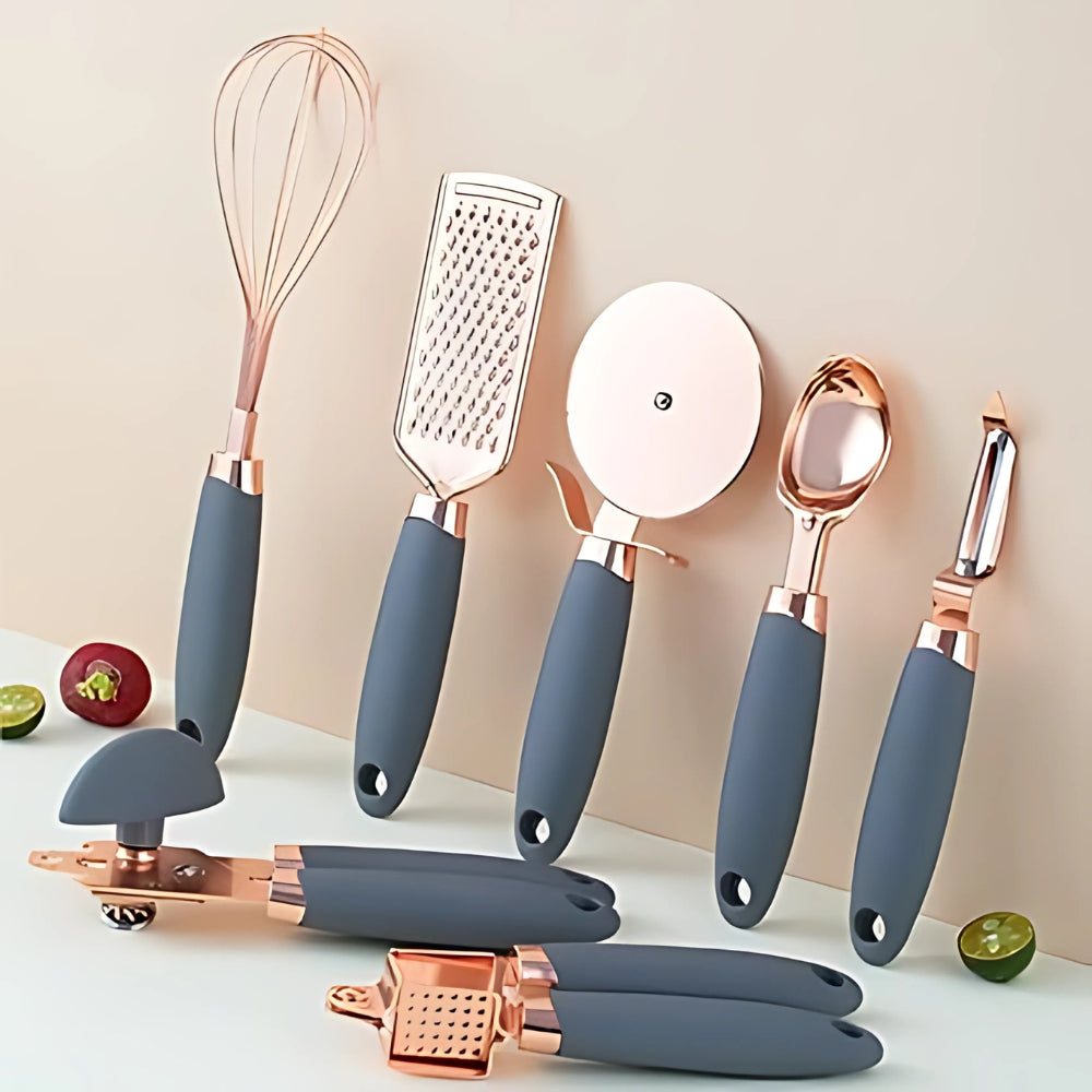 Rose Gold Stainless Steel Cooking Utensil Set with Silicone Handles