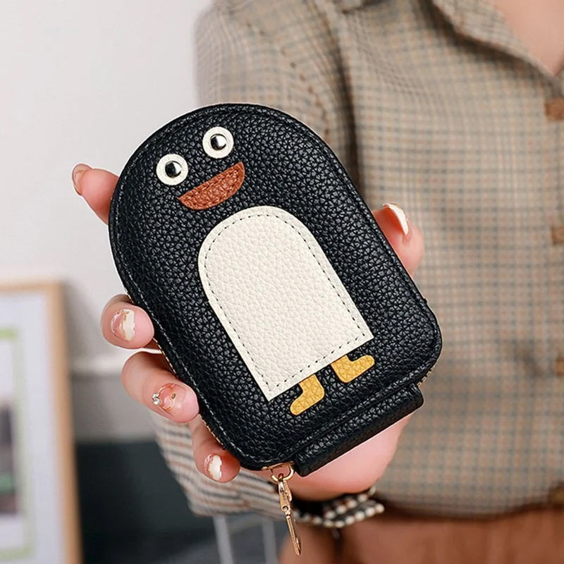 PU Leather Zipper Accordion Wallet for Credit Cards with Cute Penguin Design