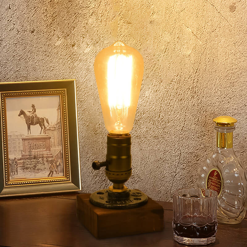 Vintage Industrial Iron Table Lamp with Pine Wood Accent