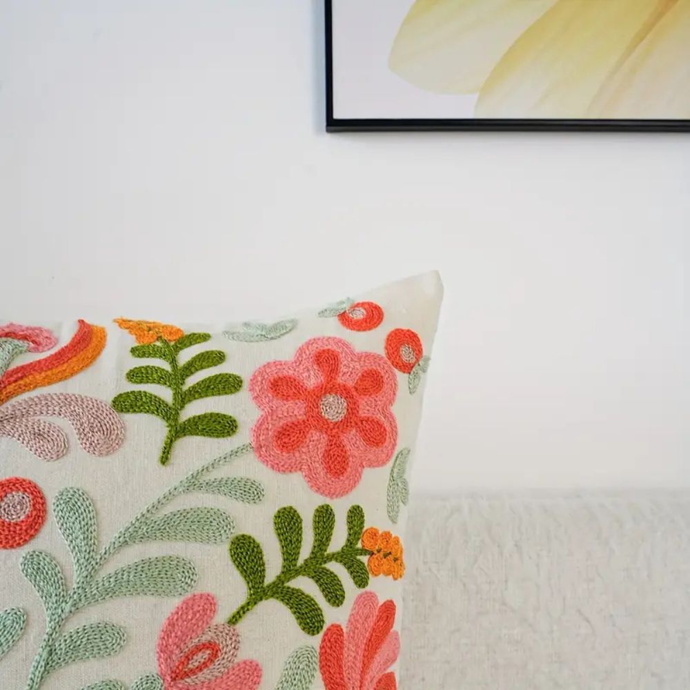 Embroidered Floral Microfiber Cushion Cover