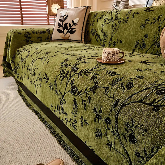 Floral Chenille Sofa Cover with Tassels