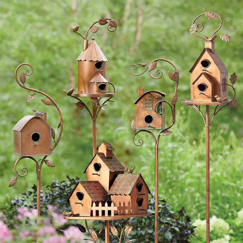 Rustic Metal Birdhouse Garden Stakes for Outdoor Decor