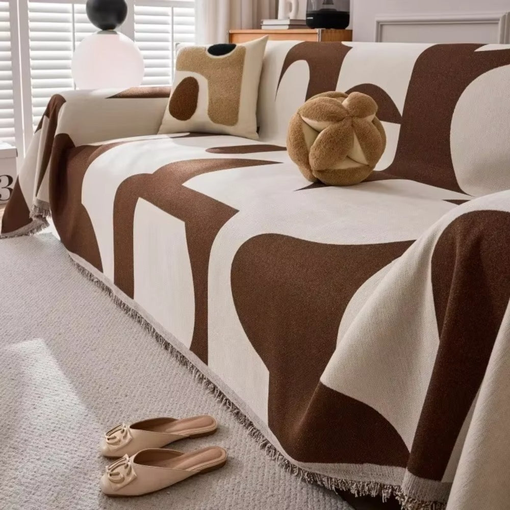 Reversible Boho Chenille Sofa Cover with Tassel Fringes