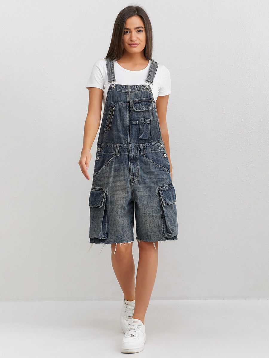 Vintage-Inspired Denim Overall Shorts with Adjustable Straps