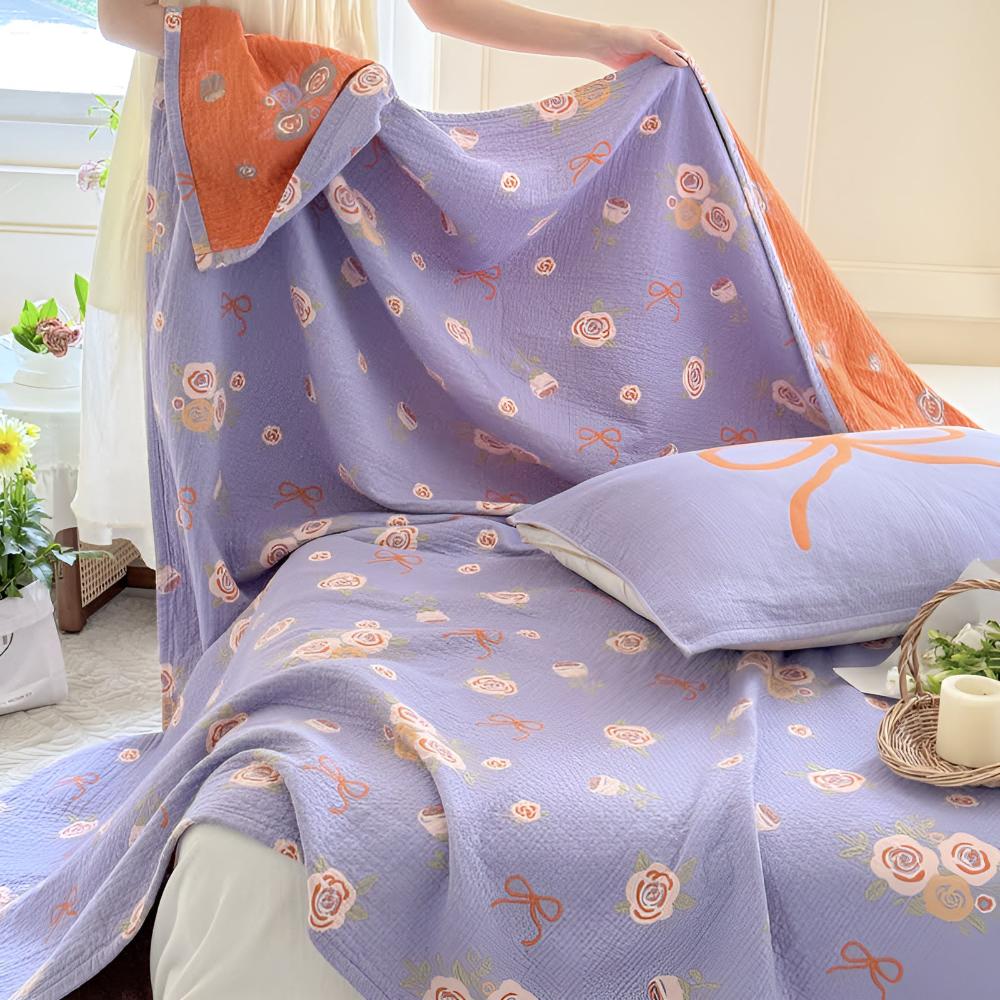 Reversible Bow-Knot and Rose Cotton Gauze Blanket