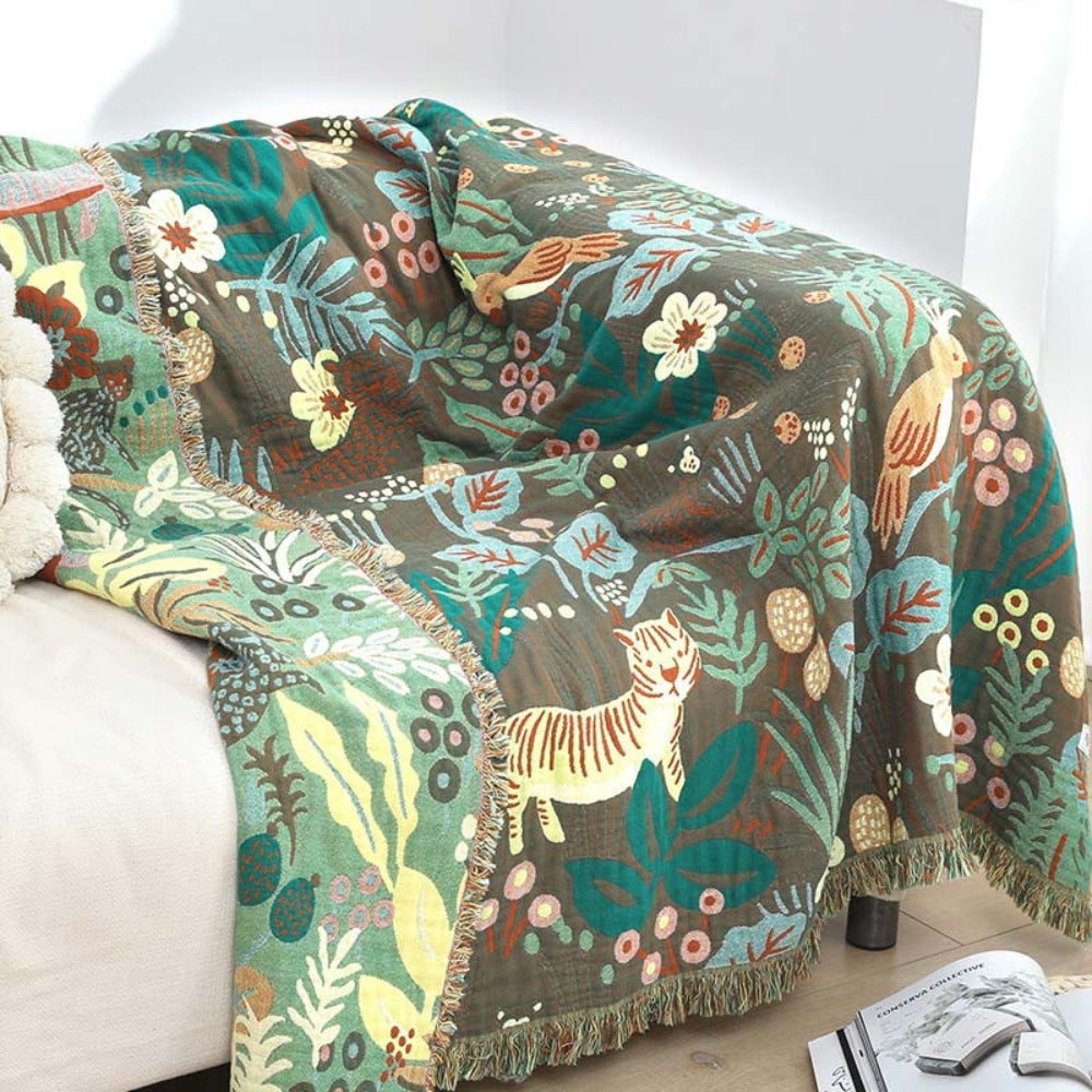 Reversible Cotton Gauze Blanket with Tassel Trim