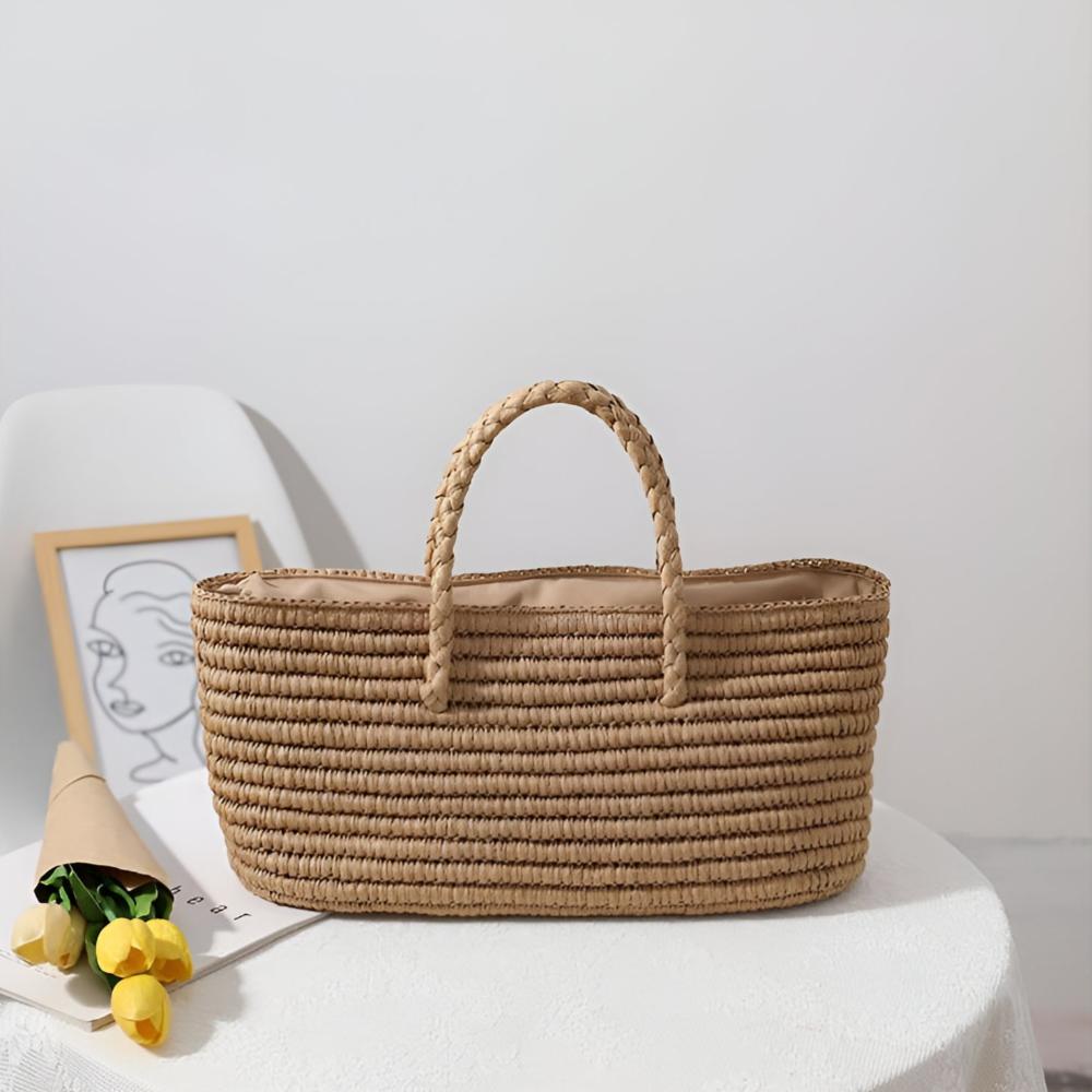 Natural Woven Straw Tote Bag with Drawstring Closure