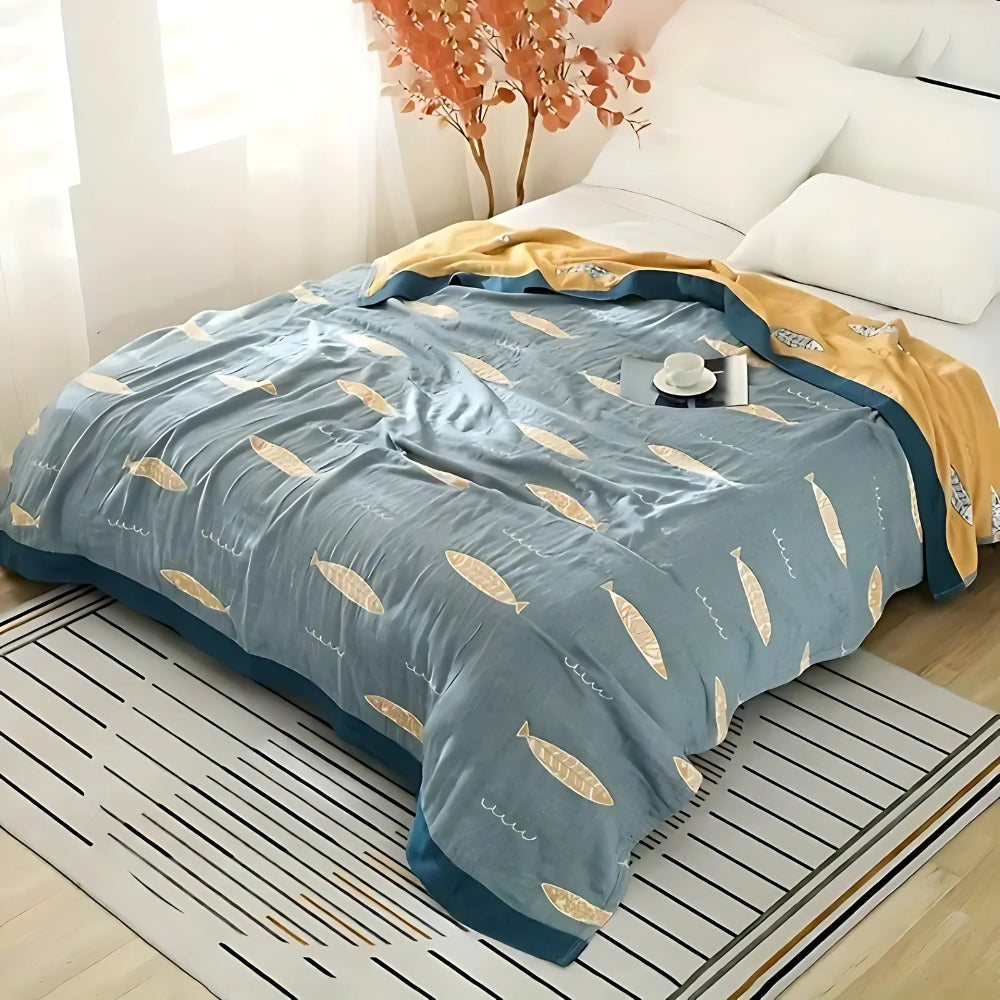 Reversible Golden Fish Cotton Gauze Blanket